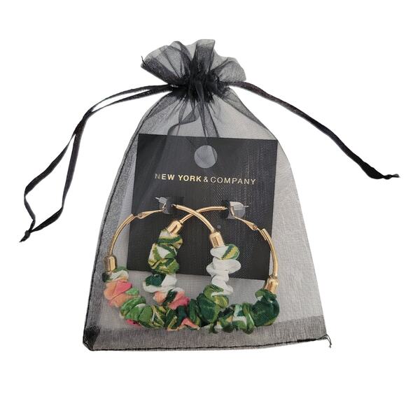 Gold Hoop Earrings Fabric Scrunch Detail 2.25" Green Pink With Gift Bag Trendy - Picture 8 of 8